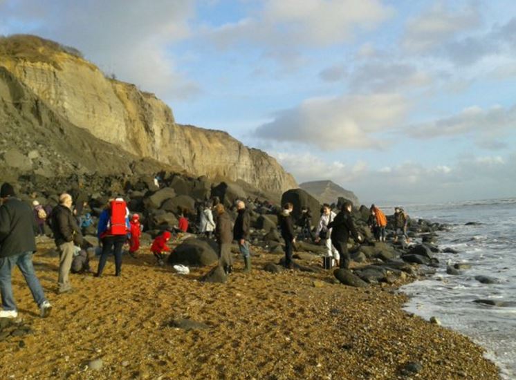 Charmouth cliff with fossil hunters