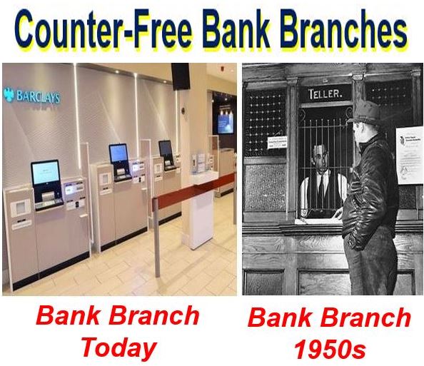 Bank branch today with no counter and in 1950s