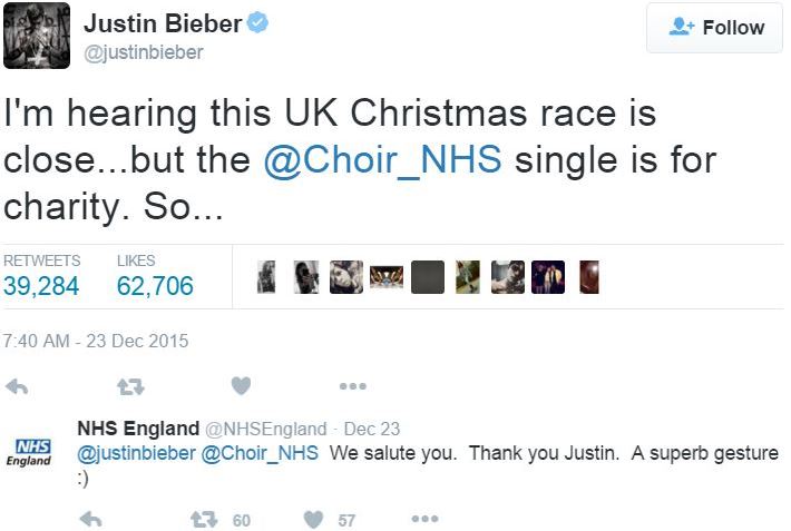 NHS Choir thanks Justing Bieber on Twitter