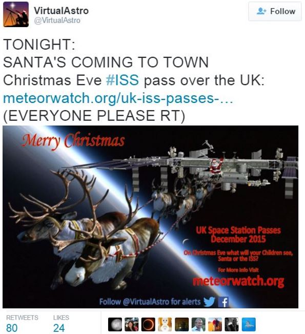 Santa sleigh flying over British skies Xmas Eve