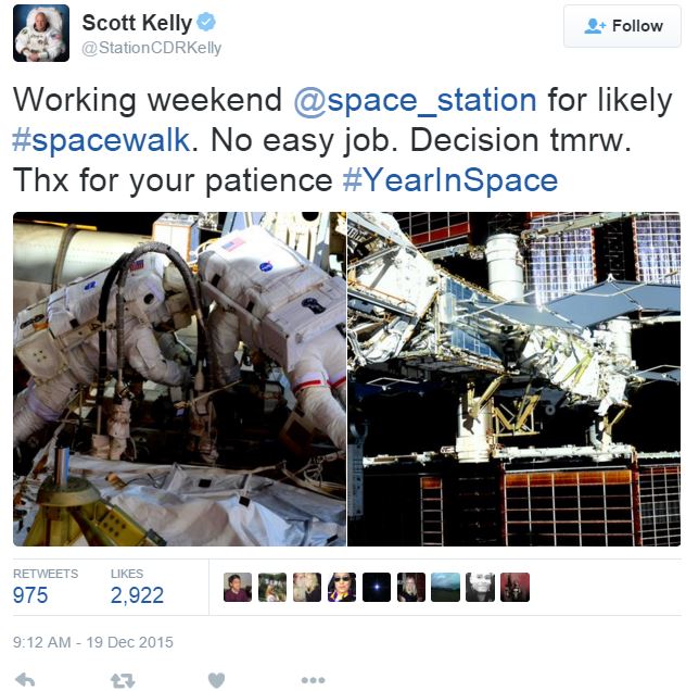 Scott Kelly Twitter message regarding spacewalk