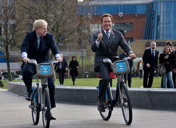 Boris Johnson and Arnold Schwarzenegger cycling in London