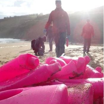 Bright pink bottles contain stain remover Vanish