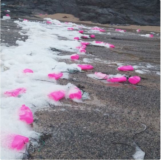 Bright pink bottles still washing up on Cornish beaches