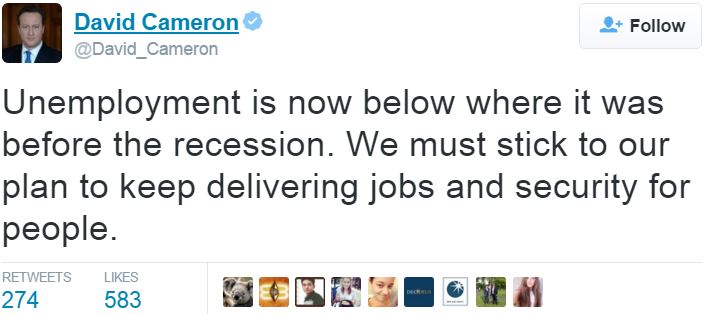 David Cameron on unemployment rate Twitter