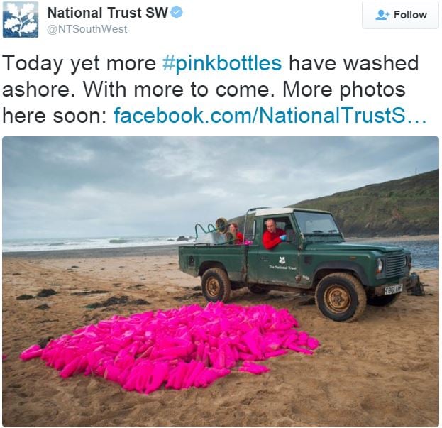 National Trust SW photo more bright pink bottles on beach