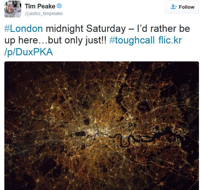 Photo of London captured by Tim Peake