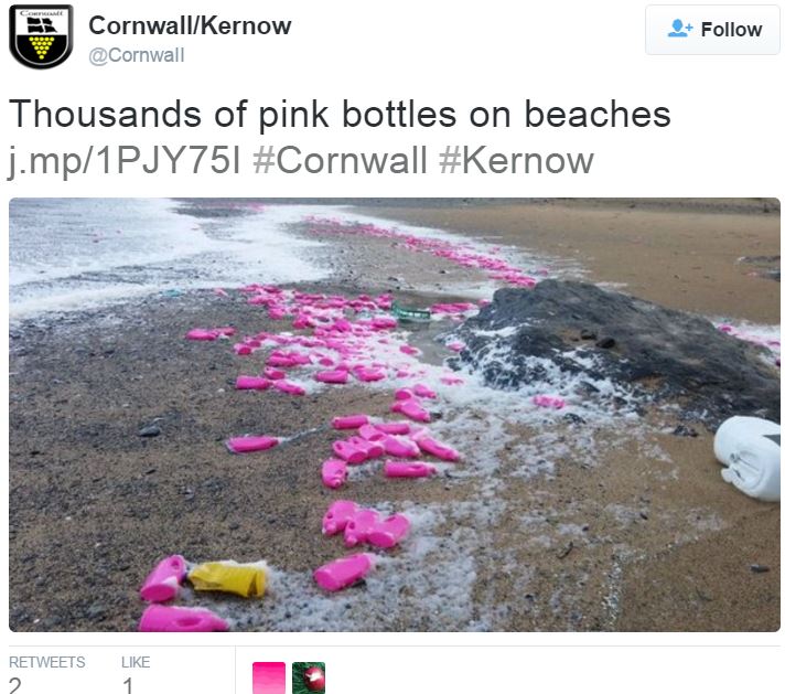 Pink bottles washed up on Cornwall beaches