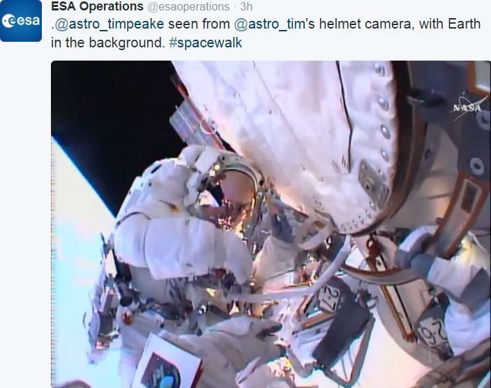 Tim Peake during spacewalk image taken from Kopra helmet