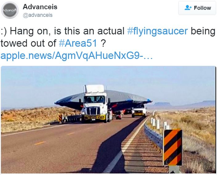 Flying saucer being towed out of Area 51