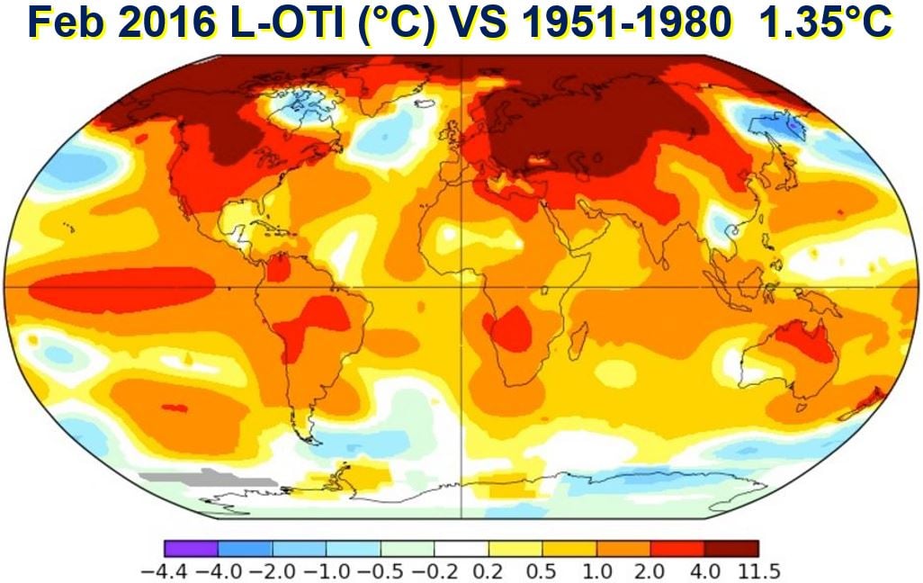 Global temperatures in Feb 2016