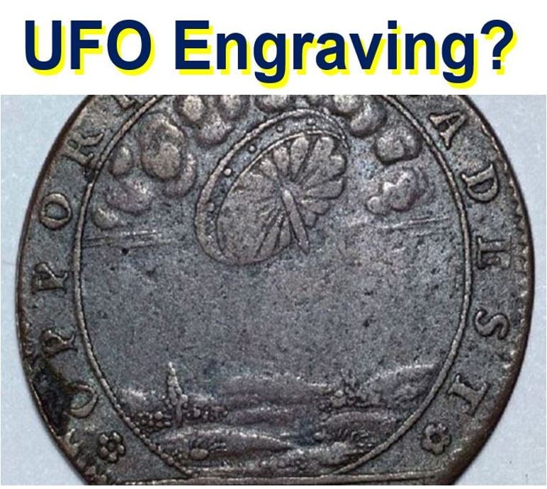 UFO engraving in old French coin