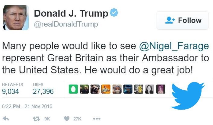 Trump tweet for Farage as Ambassador