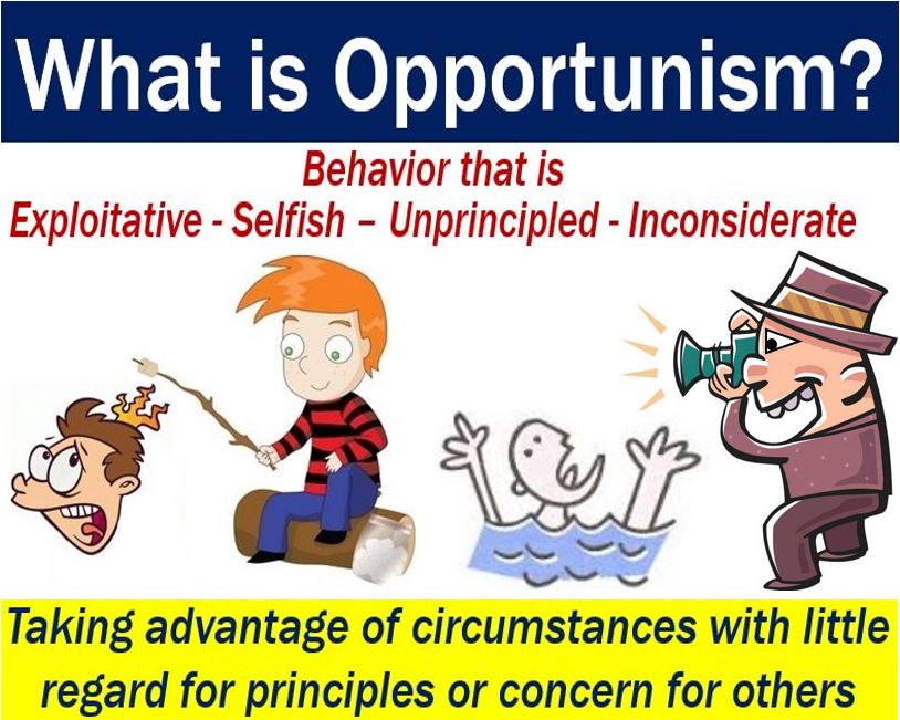 Opportunism - image with definition and two examples of the term