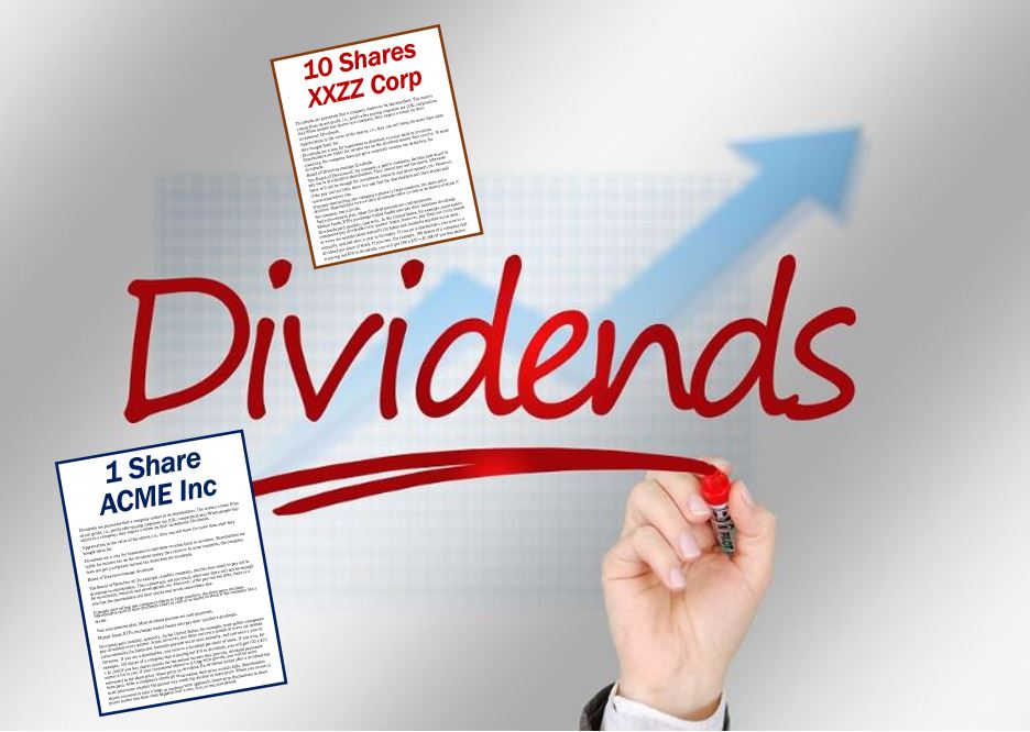A hand writing the word "dividends" plus two mock-ups of company share certificates.