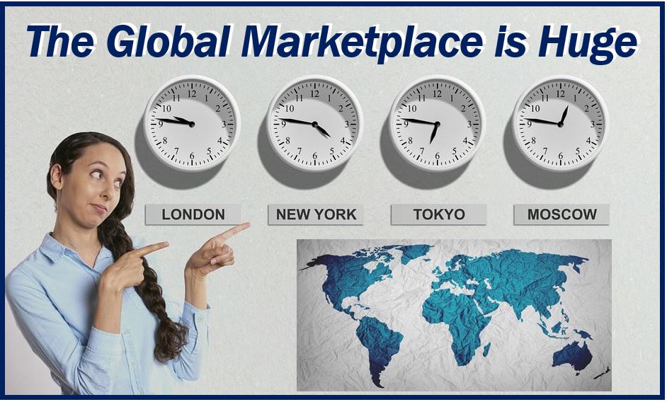 Break into the global market - image of lady standing next to 4 clocks