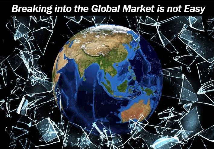 Breaking into the global market is not easy - planet Earth with broken glass around it