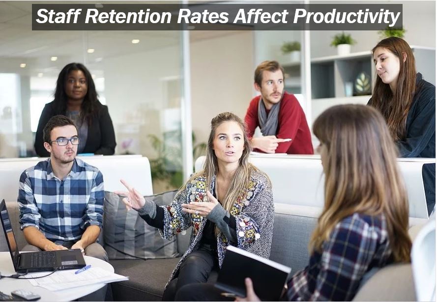Staff retention rates - image for article - group of employees talking