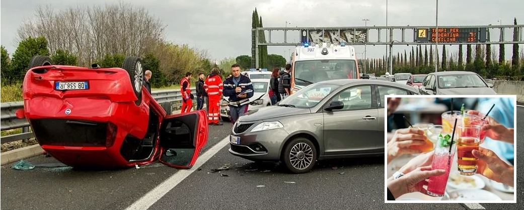 Image of car crash and another pic of people drinking