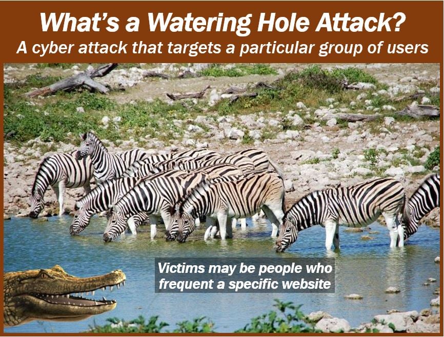 Watering hole attack image - zebras drinking and croc watching them