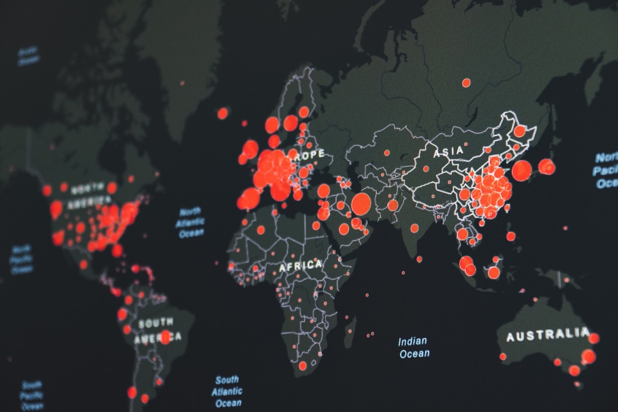 World atlas with large red dots