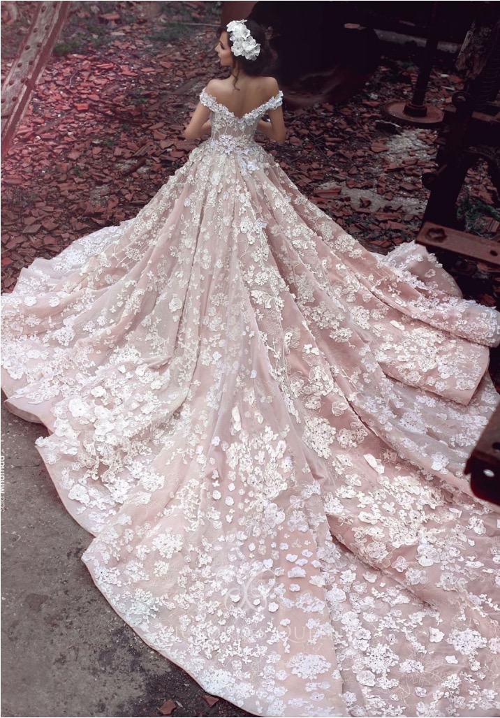Bride wearing wedding dress with a long tail - view from above and behind