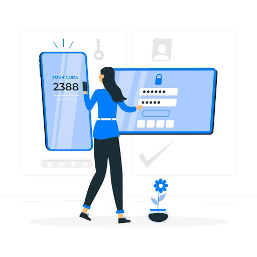 An animated concept explaining a 2FA concept with a lady entering the code received on her mobile to her PC.