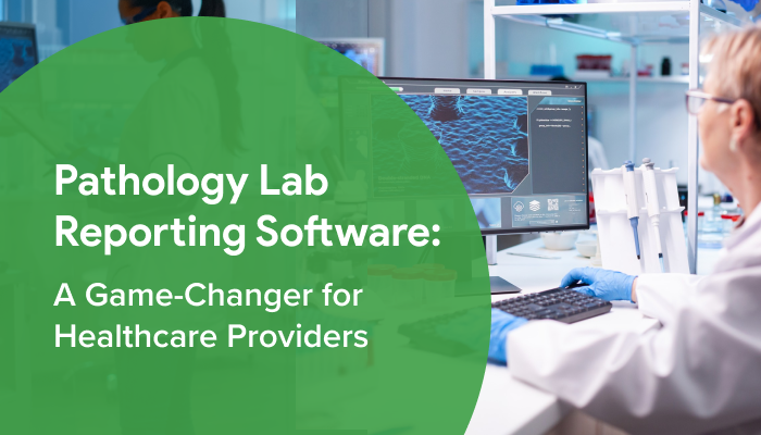 Illustration of a pathology lab with a computer screen displaying lab reporting software interface.