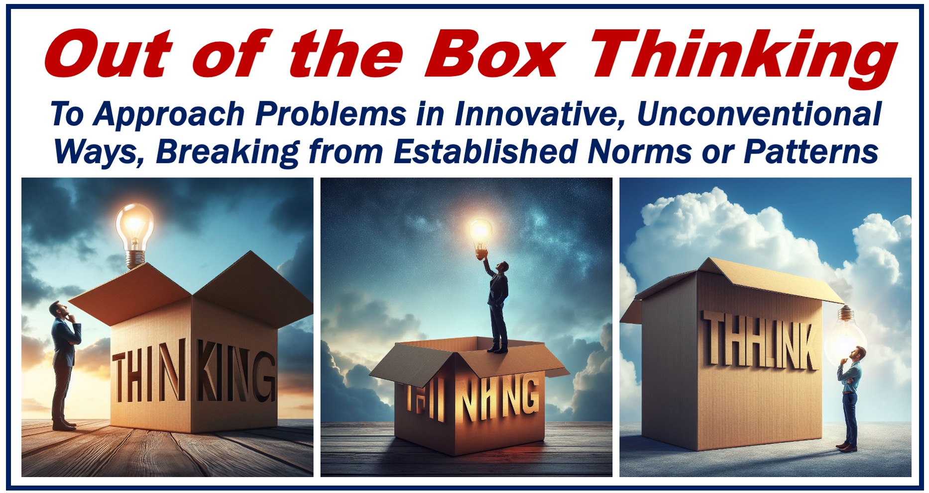 Three images depicting Out of the Box Thinking