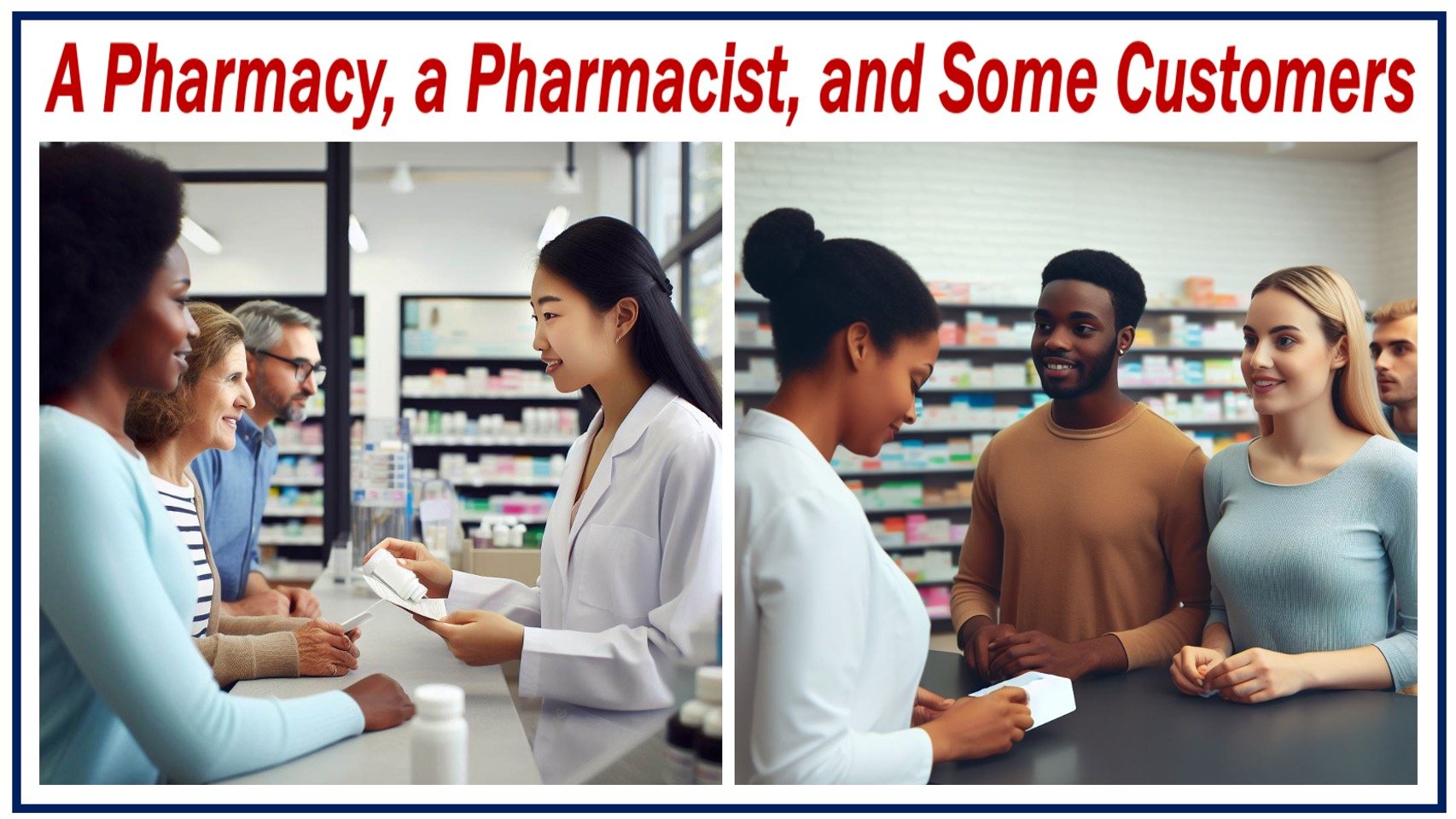 Two images of a pharmacy with a pharmacist and some customers