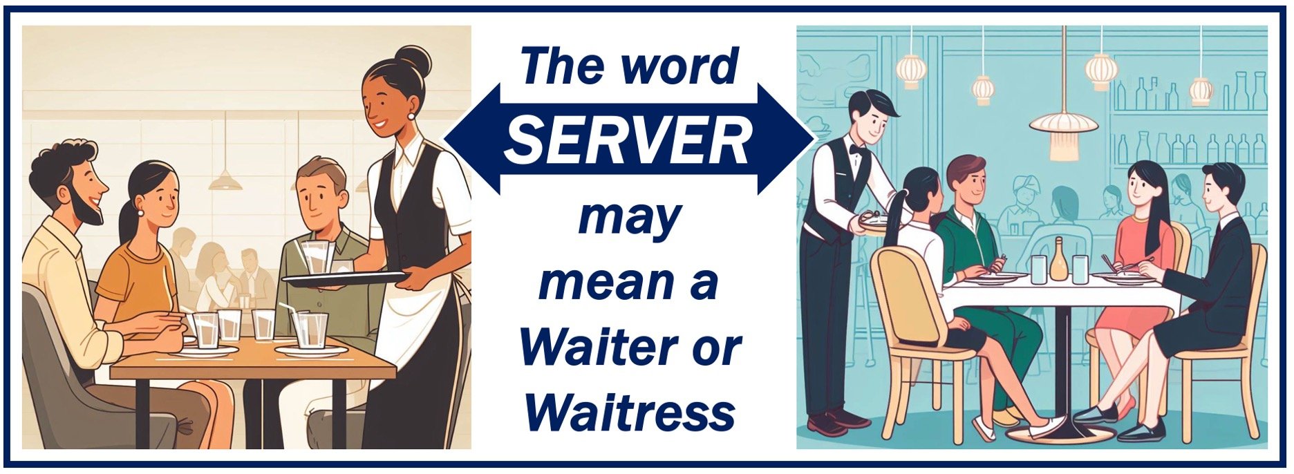 Two images of a waiter and a waitress serving customers - they could be called servers