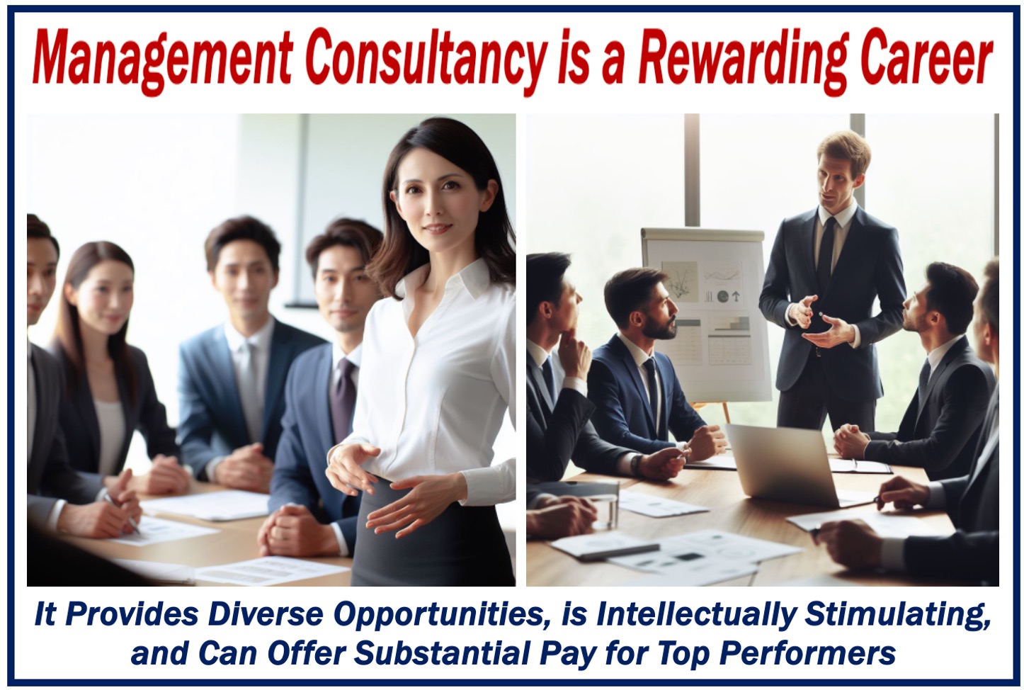 Two images showing a management consultant with clients