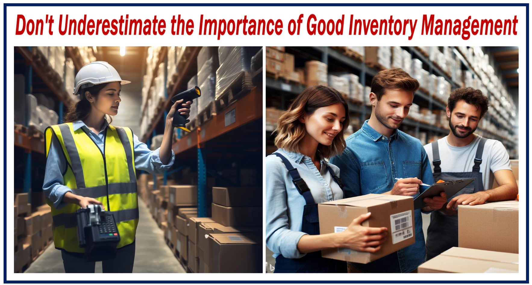 Two images showing employees checking inventory in a warehouse