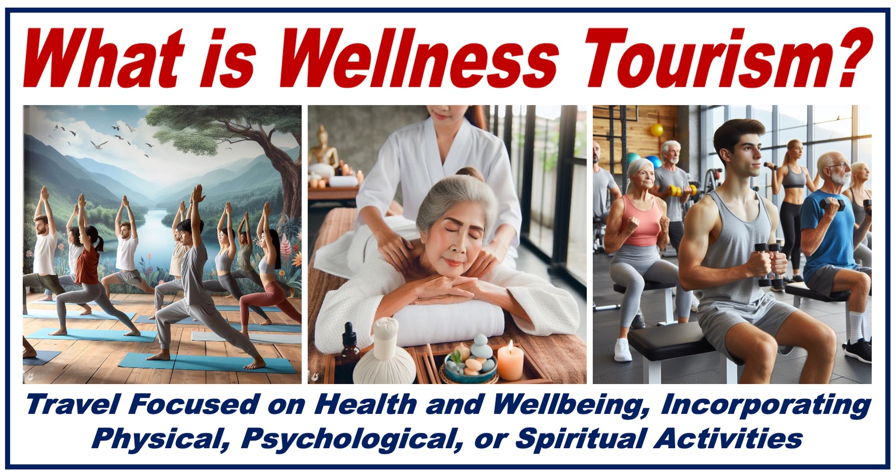 3 Images depicting wellness tourism plus its definition