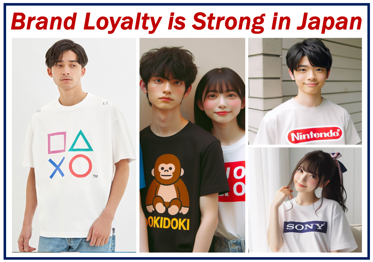 5 Japanese teens wearing T-shirts with logos - depicting brand loyalty.