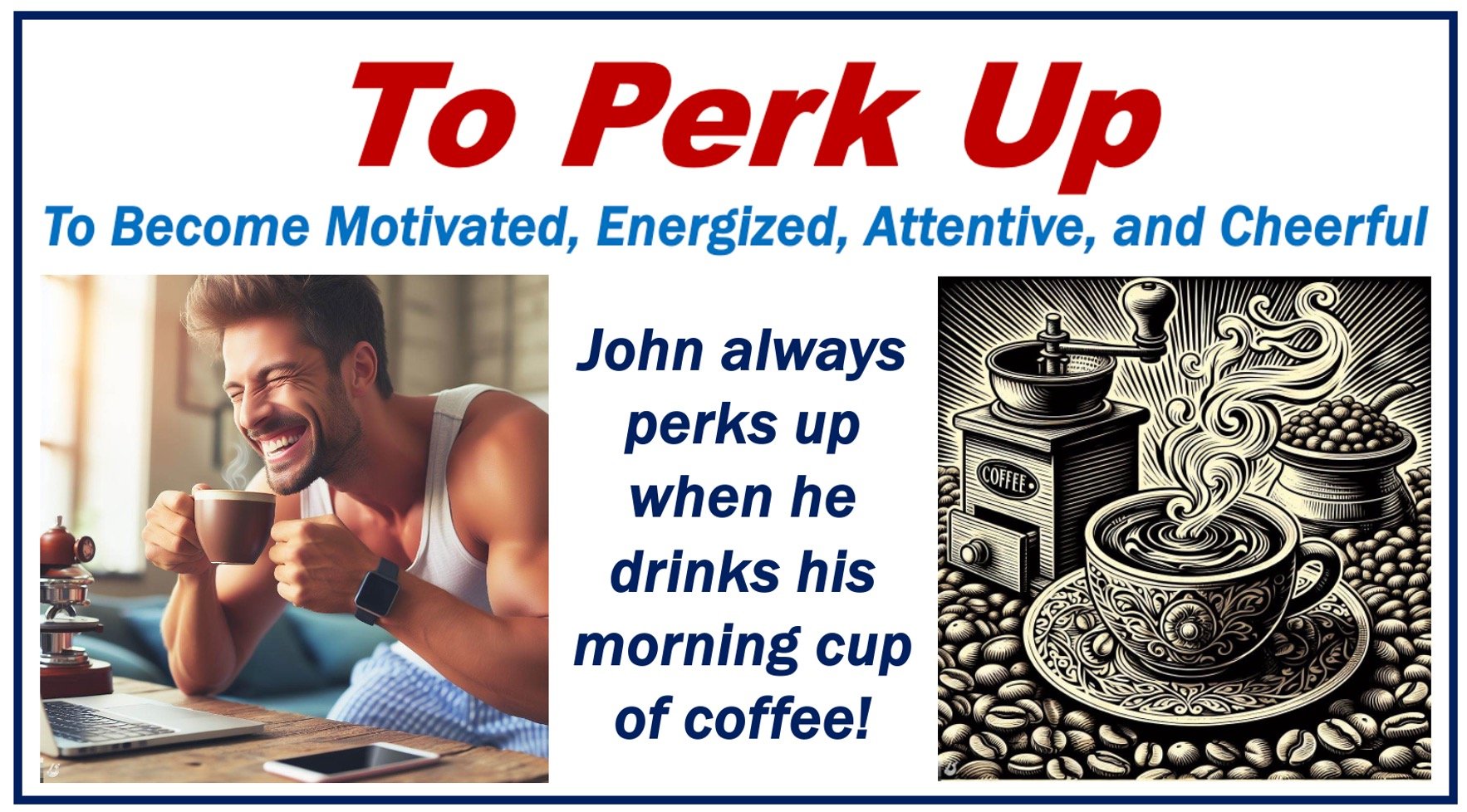 A man drinking a cup of coffee and feeling it perk him up.