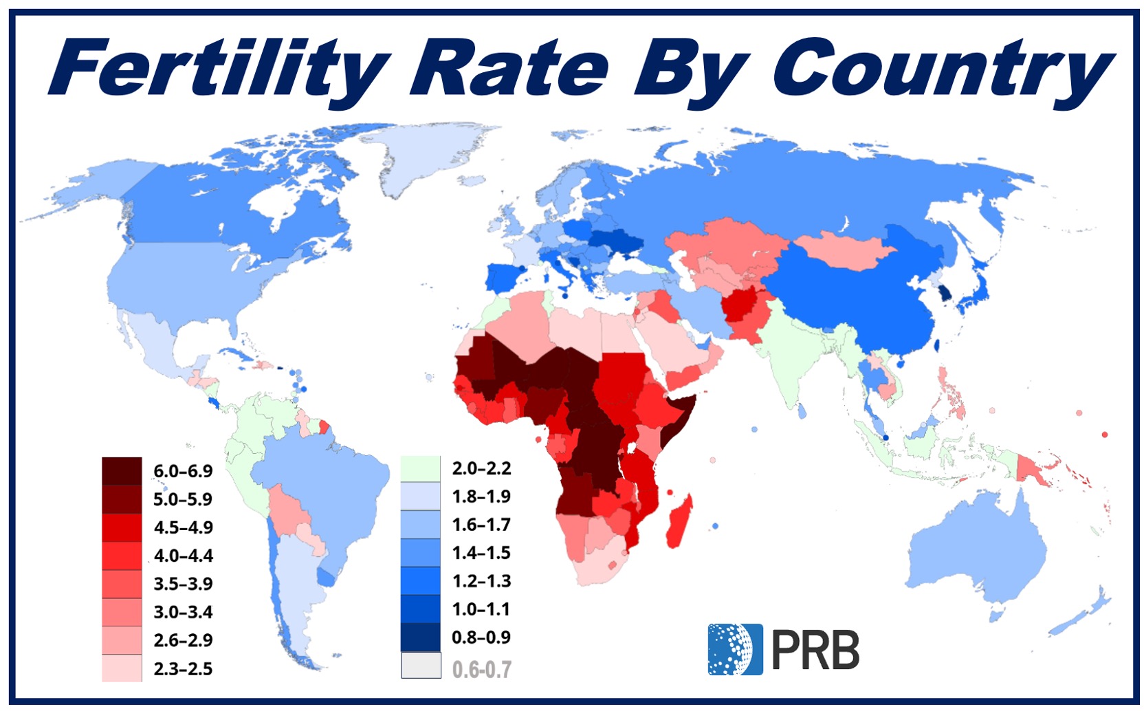 A map of the world with different colored countries:regions showing fertility rates.