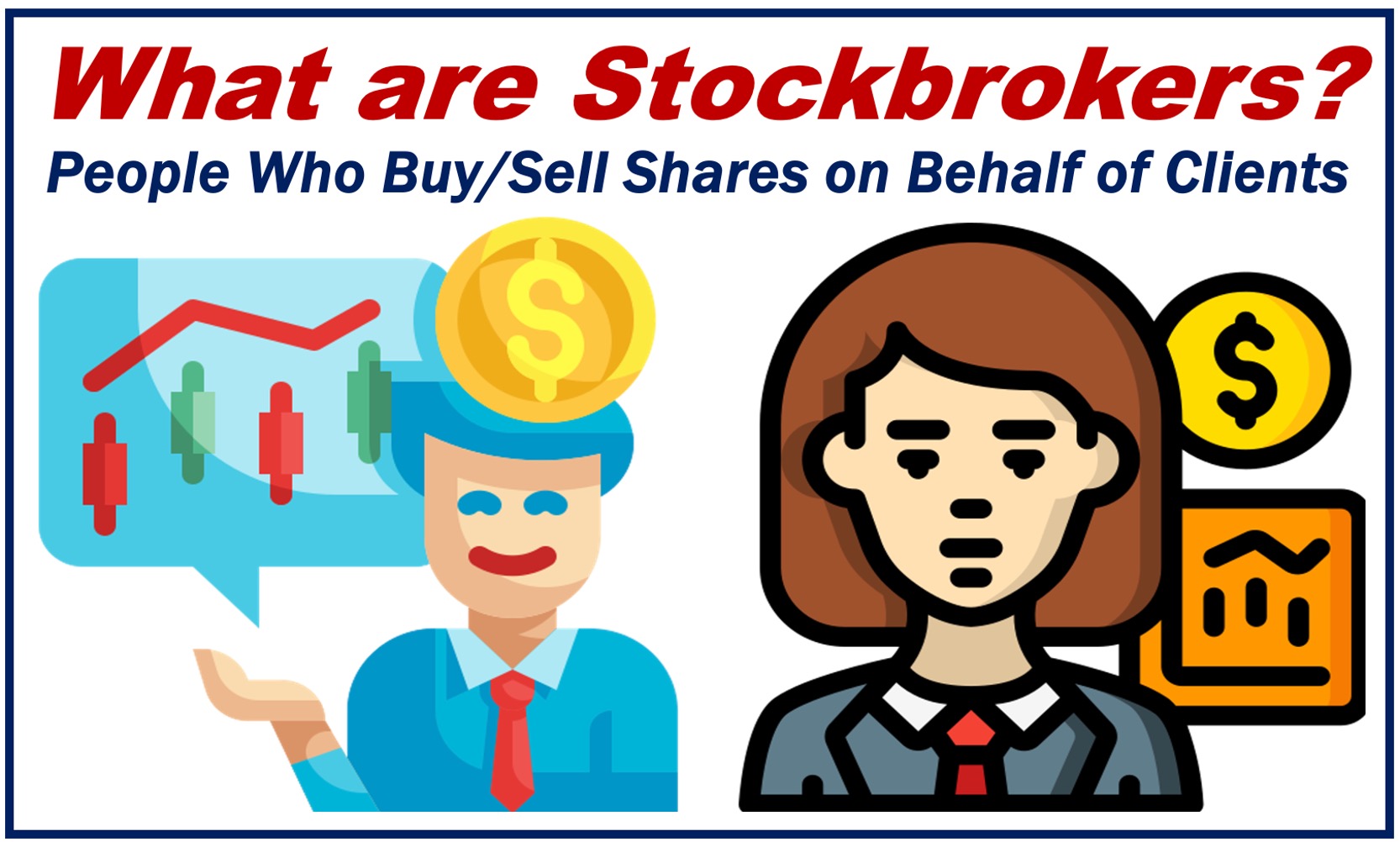Cartoon of a male and female stockbroker plus a definition of the word.