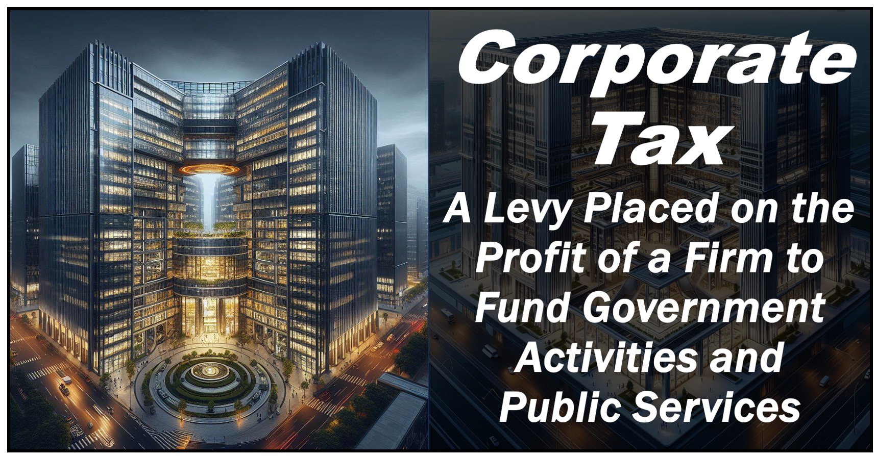 Image of a large office building and the definition of corporate tax.