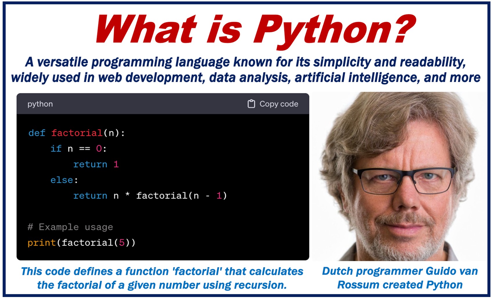 Image with some Python code and a photo of programmer Guido van Rossum