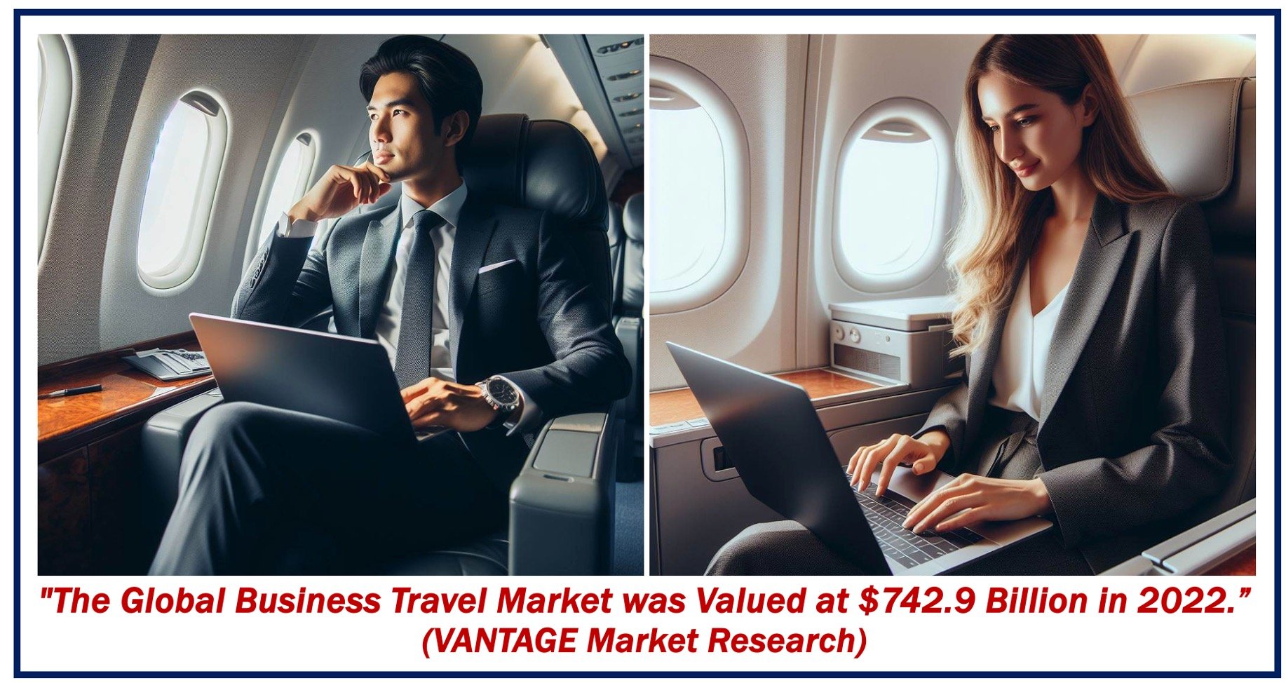Man and a woman on a business trip, plus info about size of business travel market.