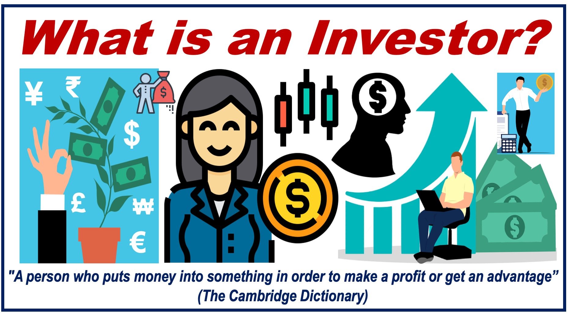 Several images of people investing money plus definition of investor