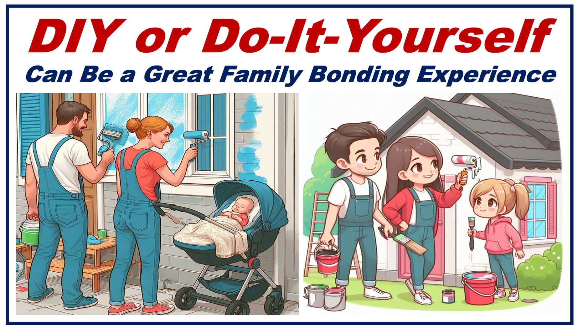 Two cartoon-type images of families doing DIY - painting their house.