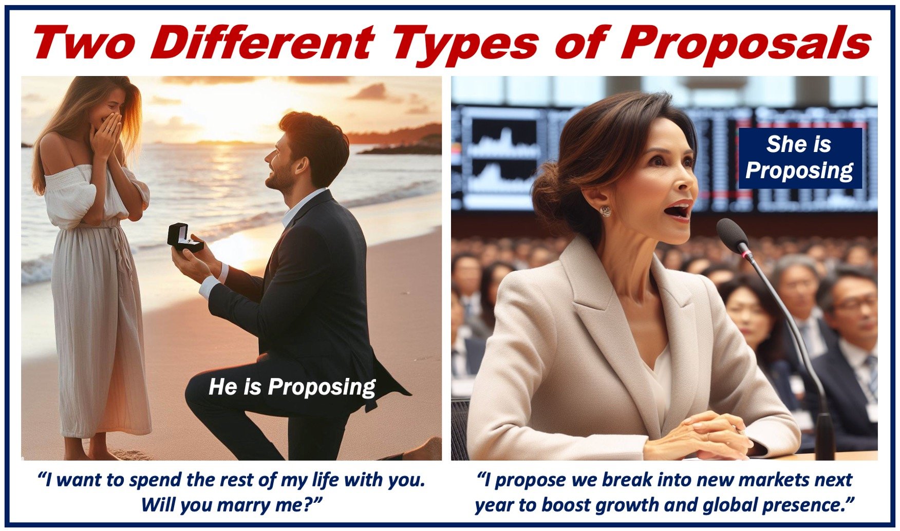 Two images illustrating two situations for the noun PROPOSAL.