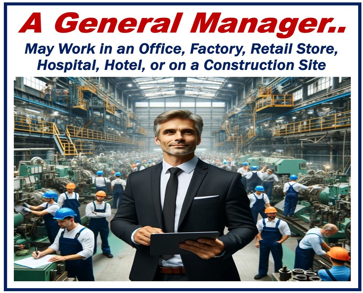 A general manager in a factory with many workers in the. background