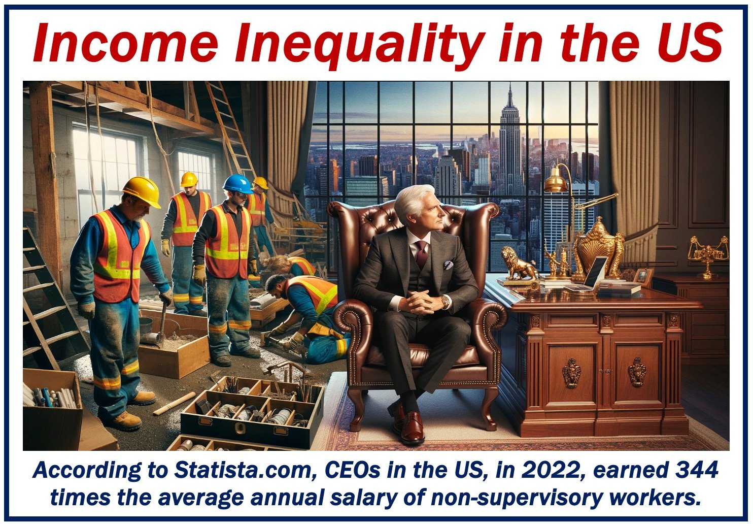A CEO and four manual workers - depicting income inequality.
