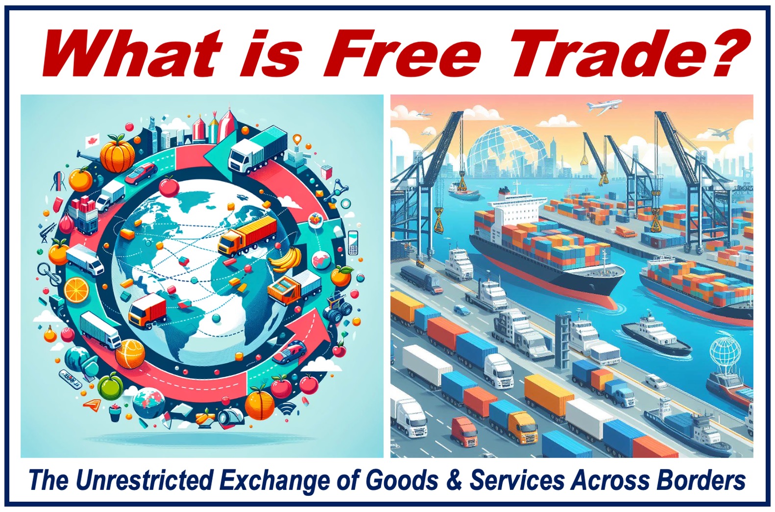 Cargo trucks, ships, planes, and trains, plus a definition of free trade