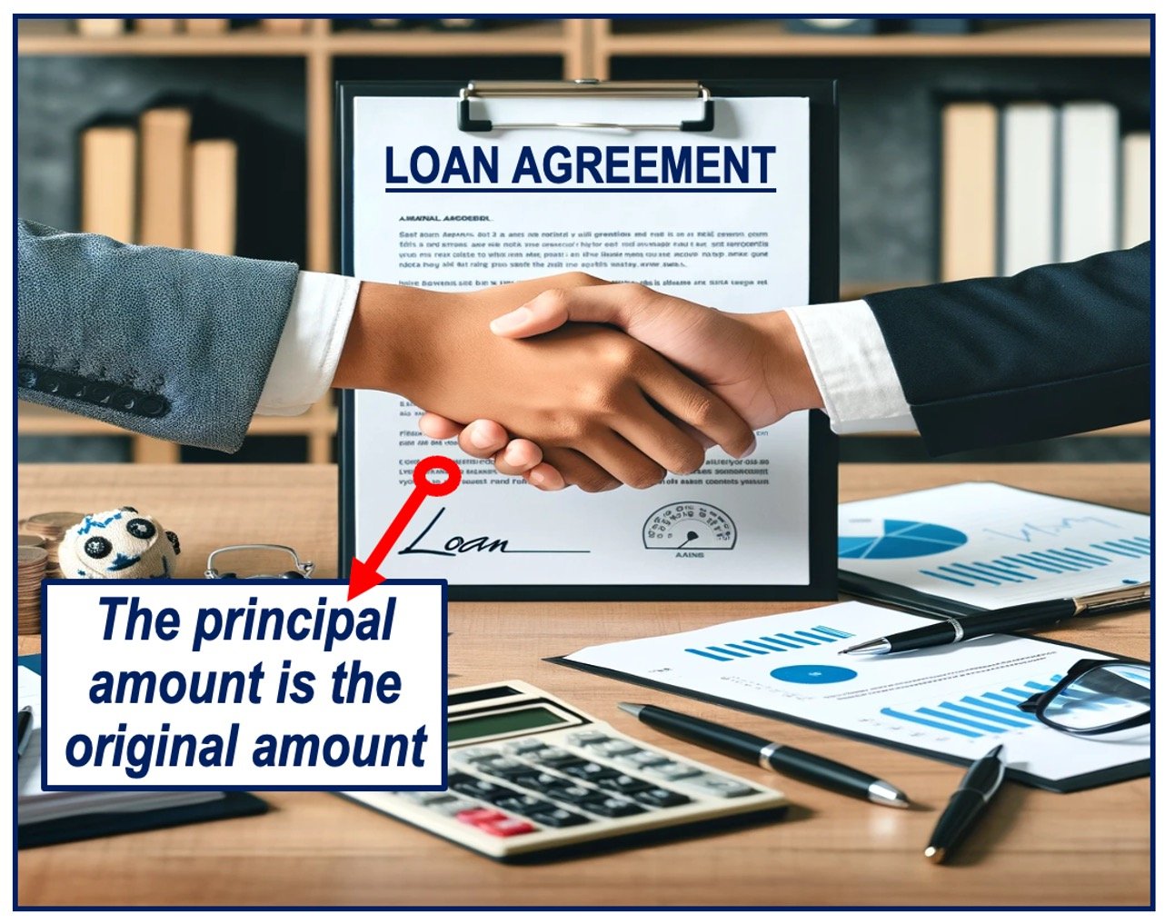 Depiction of a loan agreement, shaking hands, and definition of 'principal amount'