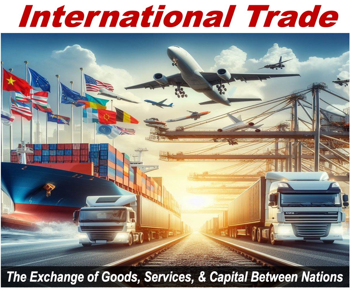 Depiction of international trade showing shipping, air cargo, and trucks.