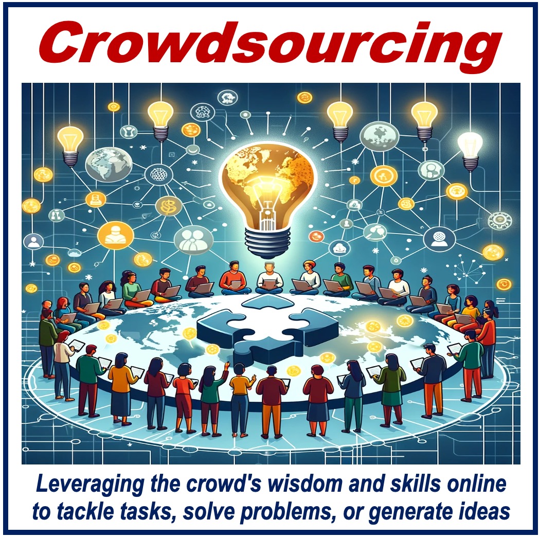 Drawing of many people in a circle with their laptops - a definition of crowdsourcing under the image